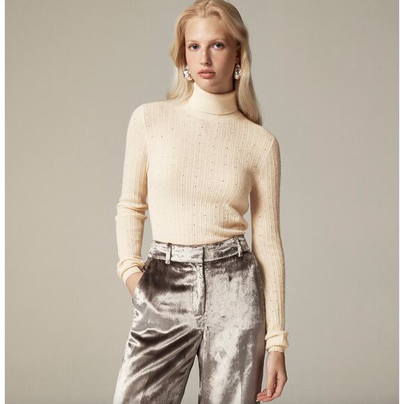 NEW J.Crew Featherweight Cashmere Turtleneck Sweater Rhinestones Buttercream 2X - Picture 1 of 16